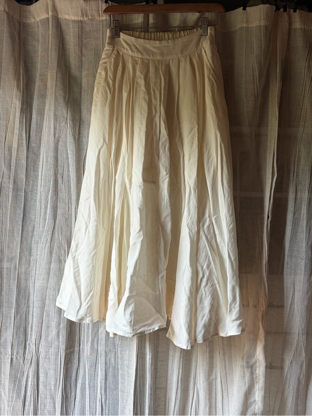 Mabel Flowing Ivory Linen Blend Midi Skirt Small Pockets